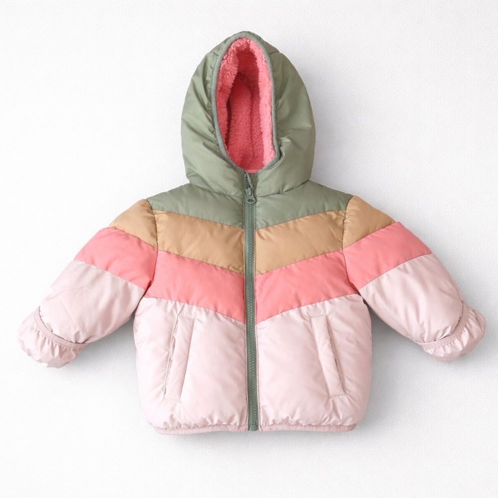 Swiss Tech Baby Girls 12M Colorblock Puffer Jacket Fleece Lined Hooded Snow Cozy